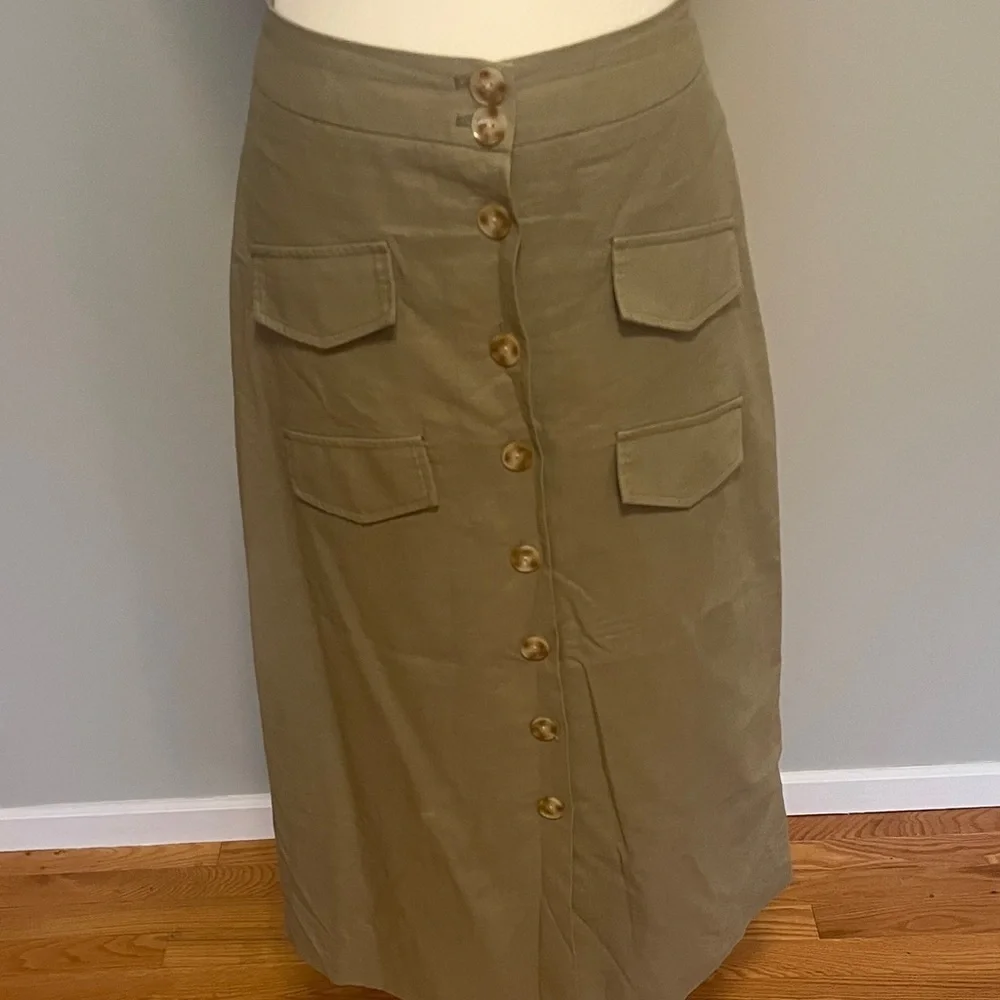 Anthropologie Olive Button-Front Midi Skirt—-never worn!